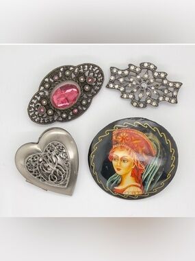 Vintage Estate Brooch lot Cech glass rhinestone locket Russian lacquer Marcasite